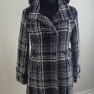 Sebby Collection Hooded Tweed Coat Black White Plaid Medium